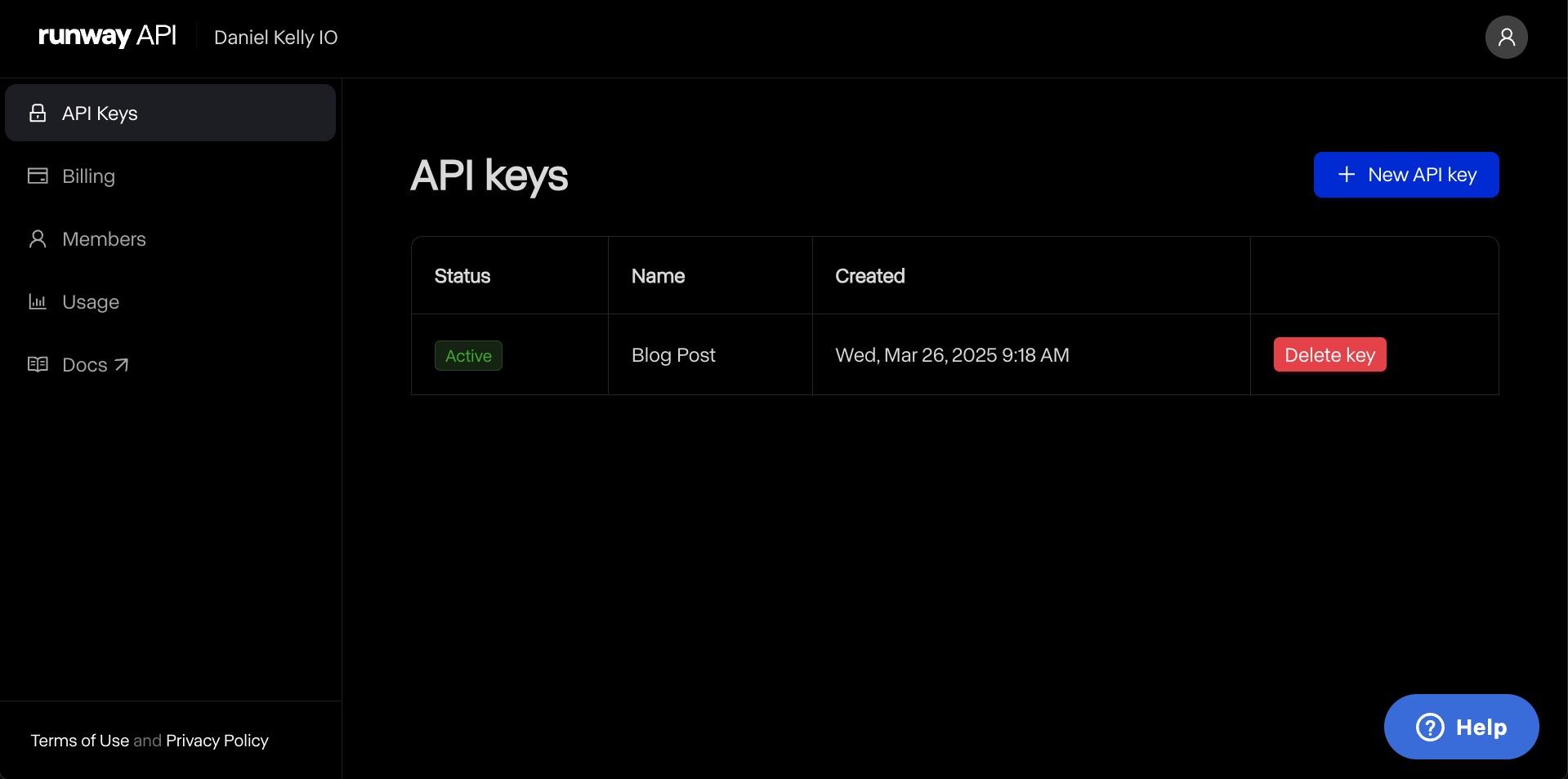 API Key screen in the Runway developer portal