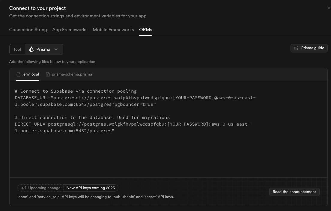 Prisma values in the Supabase dashboard