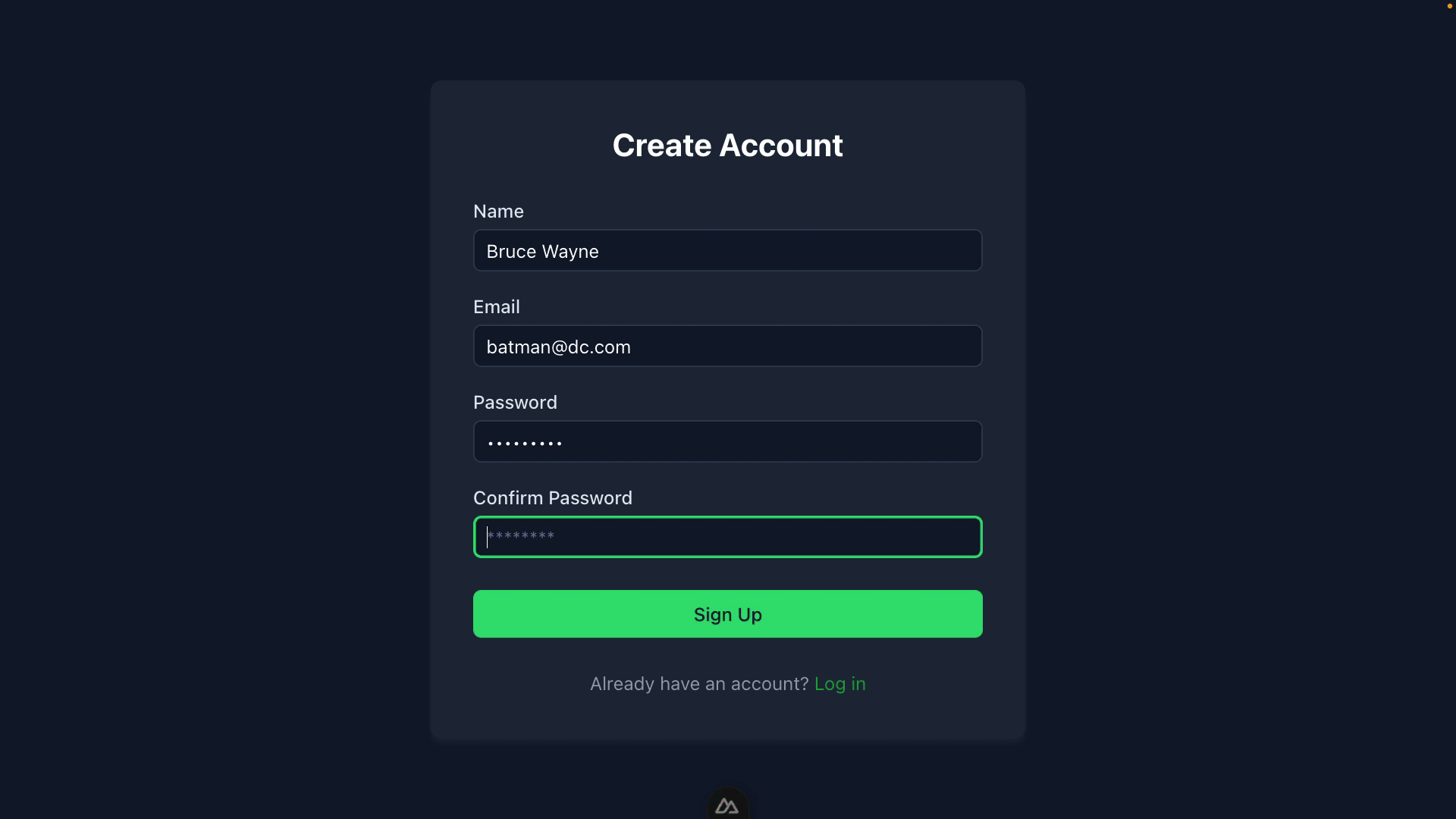 screenshot of register form with validation