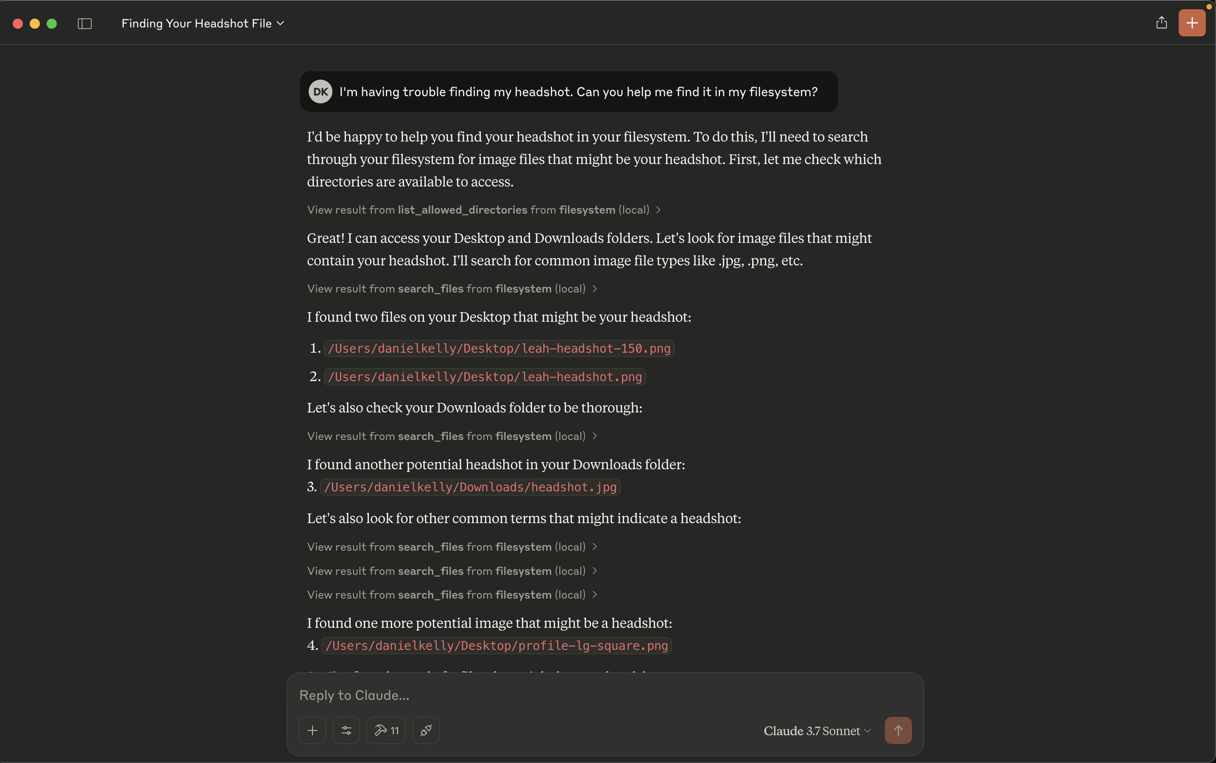 Ask question “I'm having trouble finding my headshot. Can you help me find it in my filesystem?” to Claude desktop and get a list of potential file matches in the response