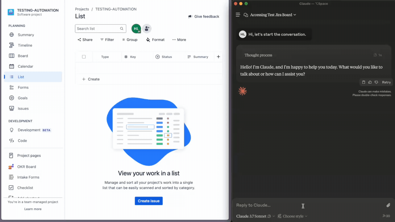 Demo of the official Atlassian MCP server working with Claude Desktop (used from the Official MCP page)