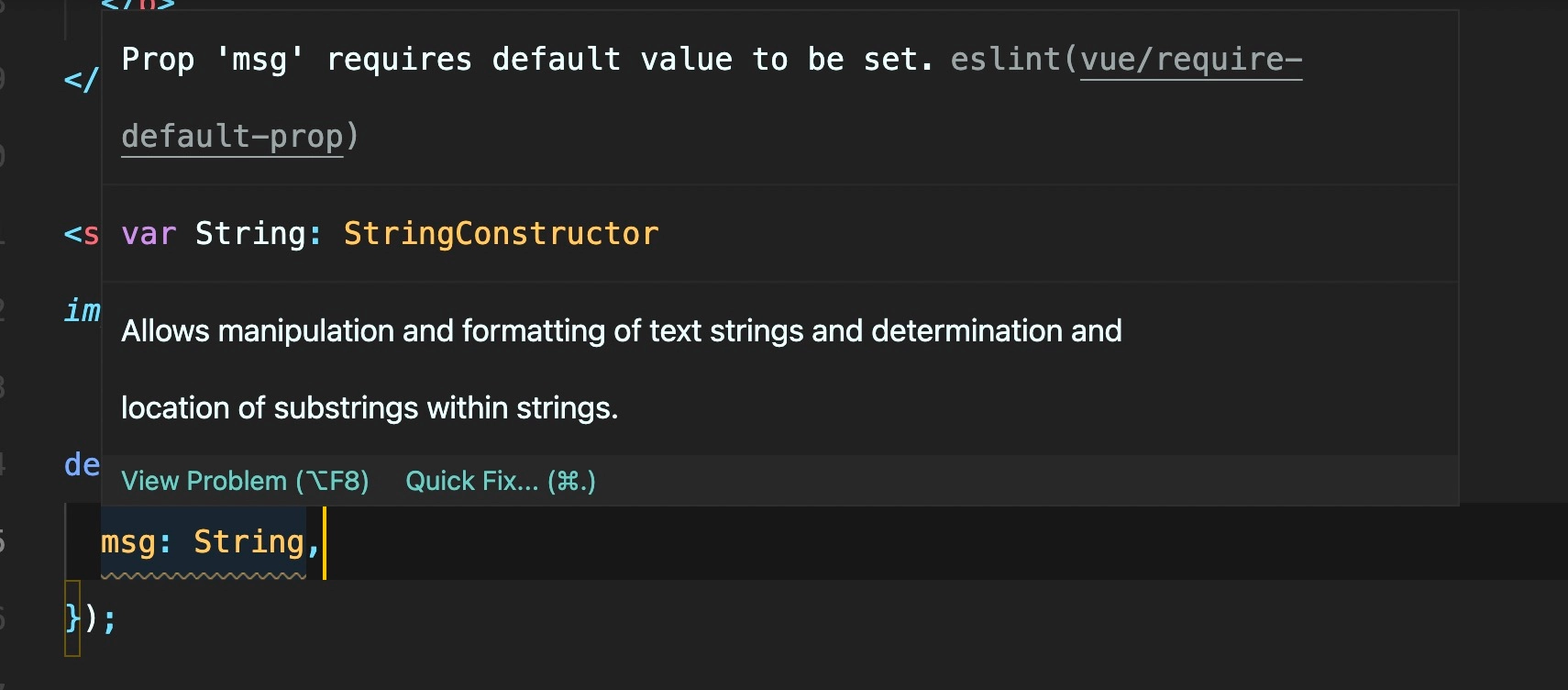 screenshot of ESLint working with VS Code providing a yellow squiggly line to indicate a warning