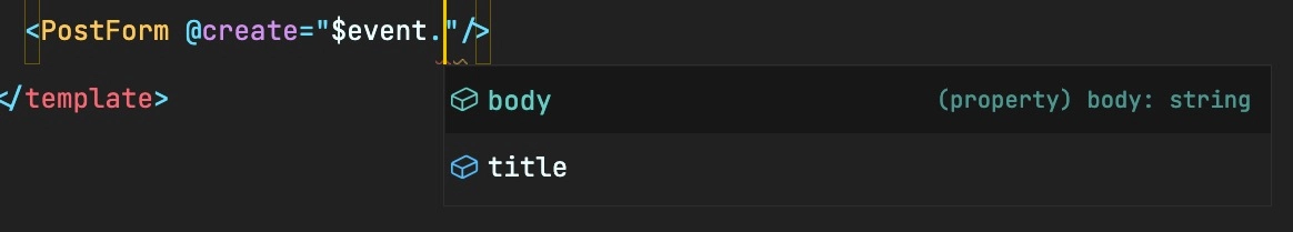 TypeScript provides autocomplete options for Vue.js custom events