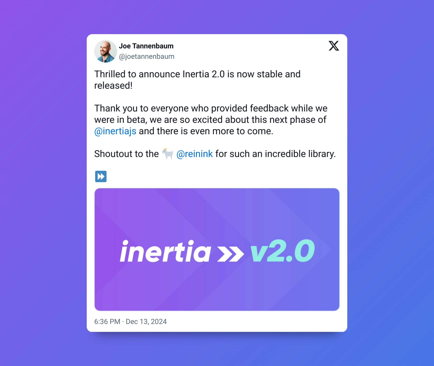 Inertia.js V2 Announcement Tweet